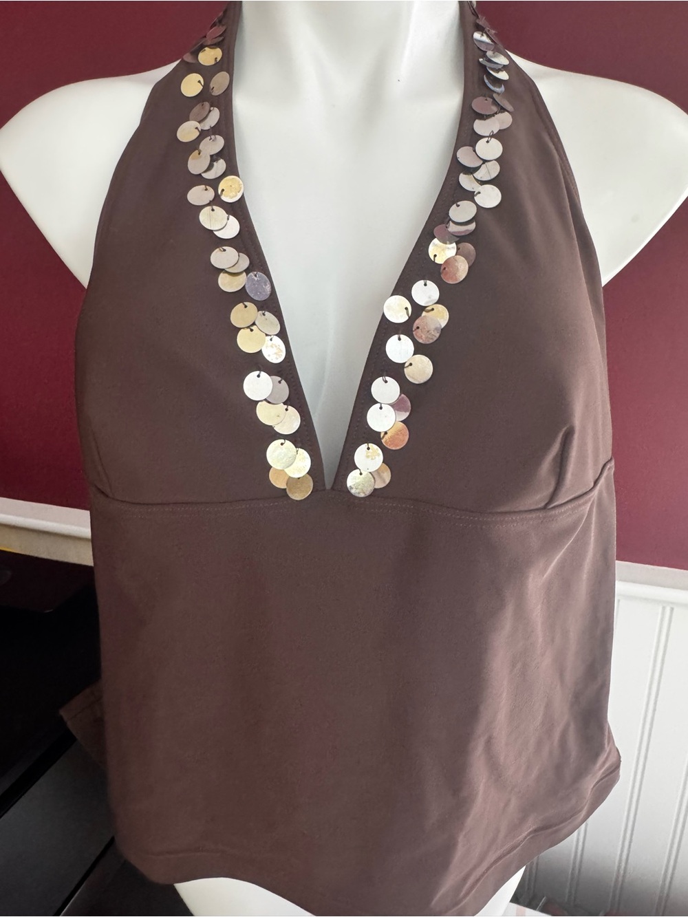 Brown Sequin Halter Swim Top- LARGE